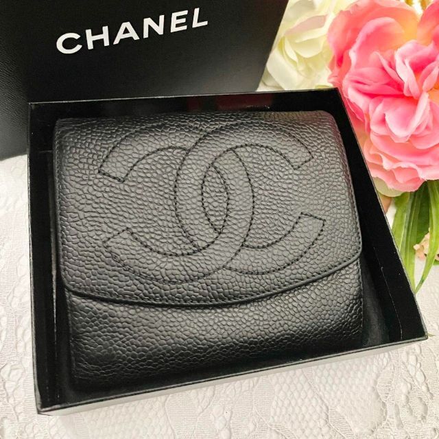 CHANEL シャネル キャビアスキン Wホック 二つ折り 財布 ココマーク