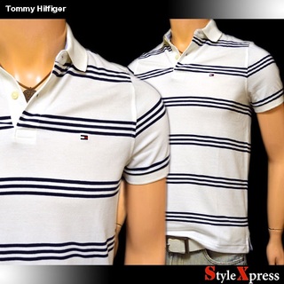 トミーヒルフィガー(TOMMY HILFIGER)の新品 トミーヒルフィガー 白 紺 XS ボーダー ポロシャツ 鹿子 ワンポイント(ポロシャツ)