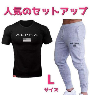 Tシャツ×スウェットジョガーパンツセットアップメンズジムウェアLサイズ黒×グレー(Tシャツ/カットソー(半袖/袖なし))