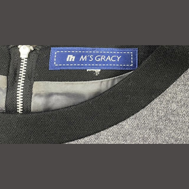 M'S GRACY(エムズグレイシー)のエムズグレイシー ウールワンピース ひざ丈 リボン ボーダー柄 長袖 灰 42 レディースのワンピース(ひざ丈ワンピース)の商品写真