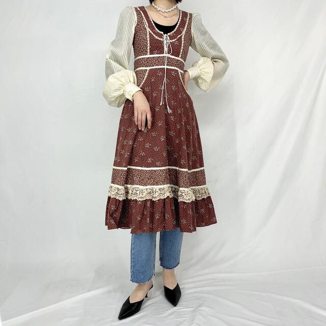 70年代 ガンネサックス GUNNE SAX Jessica 総柄 長袖 フレア ワンピース レディースS ヴィンテージ /eaa306016