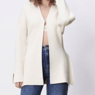 ザラ(ZARA)のZaraスリットニットカーディガンアイボリー5536/147ホワイト白ロングザラ(カーディガン)