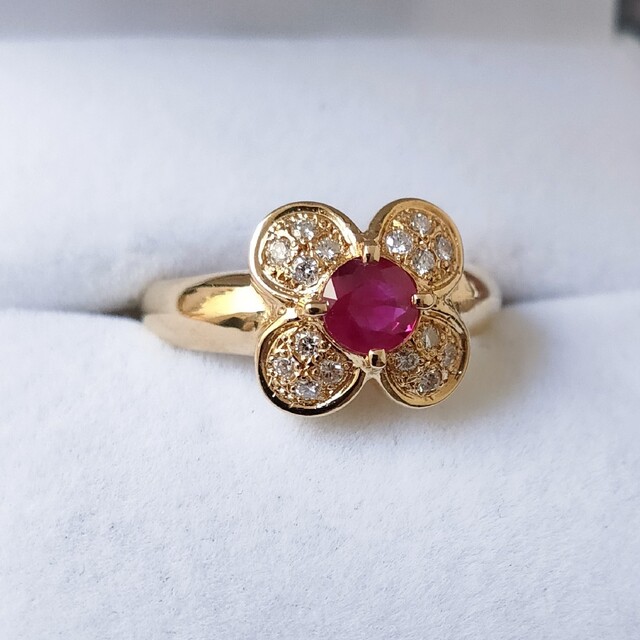 枚数限定 ダイヤモンド×ルビー フラワー リング K18YG 0.18ct 7.0g