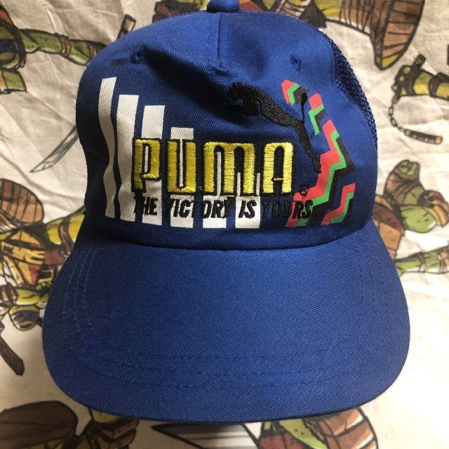 PUMA(プーマ)の80〜90s 日本製 PUMA メッシュ キャップ 青 刺繍 古着 メンズの帽子(キャップ)の商品写真
