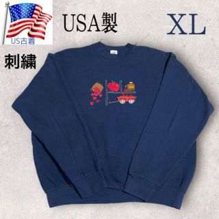 フルーツオブザルーム(FRUIT OF THE LOOM)のUS古着 米国製 フルーツオブザルーム リンゴ りんご刺繍 スウェット XL 紺(スウェット)