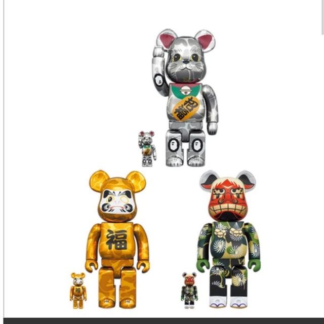 BE@RBRICK BAPE(R)招き猫 銀メッキ／達磨 金メッキ／獅子舞100 ハンドメイドのおもちゃ(フィギュア)の商品写真