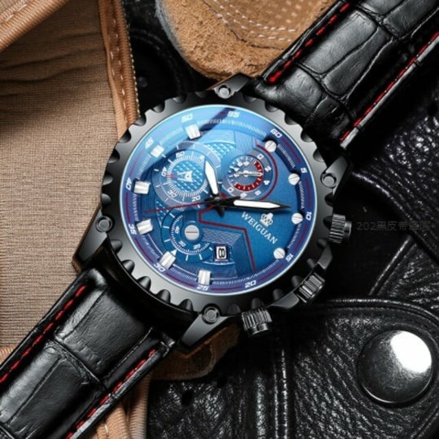 新品 デュアル クロノグラフ レザーベルト WEIGUAN 腕時計メンズ 黒青
