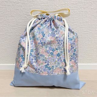 体操着袋 お着替え袋 ハンドメイド シンプル花柄 ブルー(外出用品)