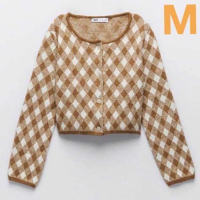 ZARA - ZARA ザラ アーガイル柄 ニット カーディガン【M】の通販 ZARA - ZARA ザラ アーガイル柄 ニット カーディガン【M】の通販