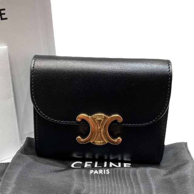 ☆美品 CELINE セリーヌ トリオンフ コンパクトウォレット スモールウォレット シャイニーカーフスキン ブラック×ゴールド 三つ折り財布