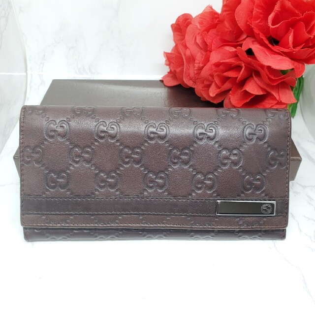 極美品】 GUCCI グッチ GG シマ 長財布 財布 レザー ブラウン 金具