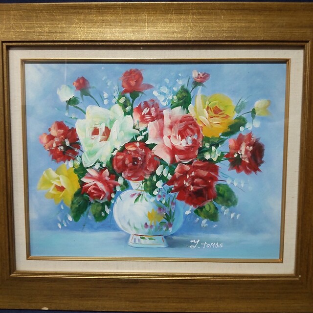 223 絵画 油彩 油絵 静物画 Y.Tomas作 薔薇 花 額装 額縁付き-eastgate.mk