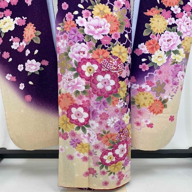 振袖☆正絹☆紫☆花柄☆ラメ入り☆金糸入り☆裄70cm☆成人式☆G-618 振袖☆正絹☆紫☆花柄☆ラメ入り☆金糸入り☆裄70cm☆成人式☆G-618