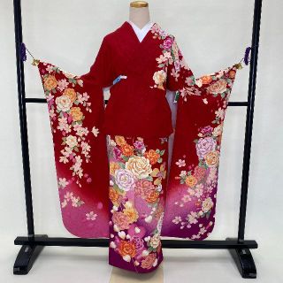 振袖正絹赤古典柄花柄裄成人式中古