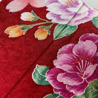 振袖正絹赤古典柄花柄裄成人式中古 の通販 by