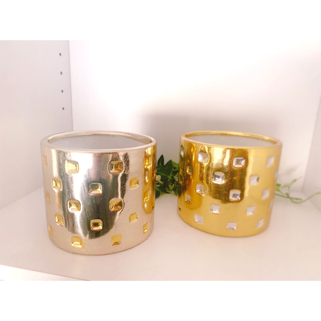 シルバー&ゴールド陶器植木鉢 2個セット ハンドメイドのフラワー/ガーデン(プランター)の商品写真