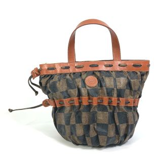 フェンディ(FENDI)のフェンディ FENDI ペカン ポーチ付き ハンドバッグ ビニール/レザー ブラック×ブラウン(ハンドバッグ)