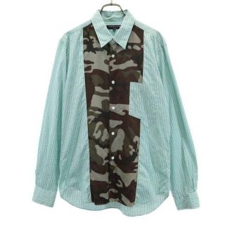 コムデギャルソンオム 2011年  カモフラージュ柄切替 チェック柄 長袖 シャツ S 青系 COMME des GARCONS HOMME ジップ 迷彩 メンズ   【230412】