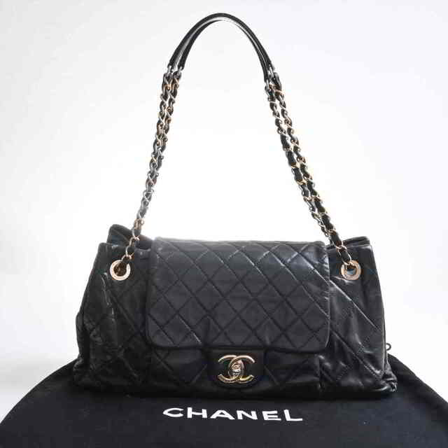 CHANEL シャネル レザー ココマーク Wチェーン ショルダーバッグ ブラック by