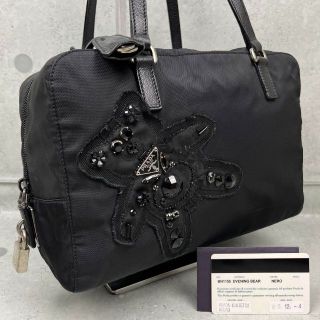 プラダ(PRADA)の美品✨ PRADA イブニングベア 三角ロゴ ナイロン レザー ハンドバッグ 熊(ハンドバッグ)