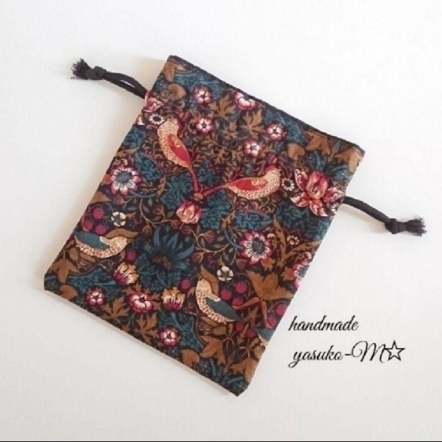 M☆ウィリアムモリスの大人巾着 handmade いちご泥棒*ダークグリーン M☆ウィリアムモリスの大人巾着 handmade いちご泥棒*ダークグリーン