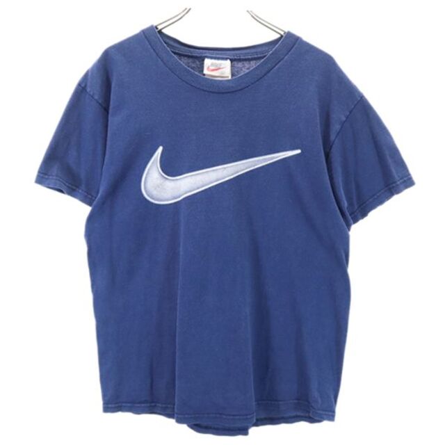 ナイキ 90s USA製 ビッグスウッシュロゴ プリント 半袖 Tシャツ S 紺 NIKE オールド ヴィンテージ メンズ  210720