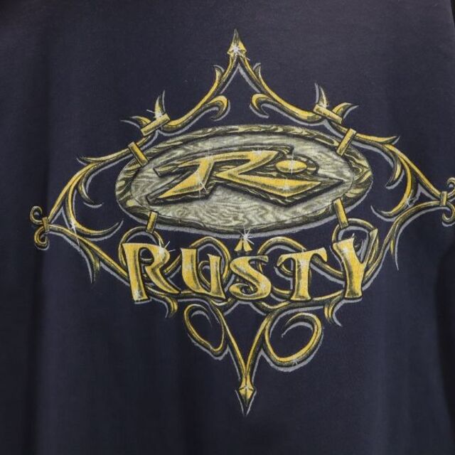 ラスティ 90s USA製 バック ロゴ プリント 半袖 Tシャツ L 紺 RUSTY オールド ヴィンテージ メンズ 古着 210718