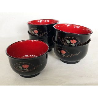 汁椀 吸物椀 漆器 柳に花の絵蒔絵内朱 5客 在庫整理 - 食器