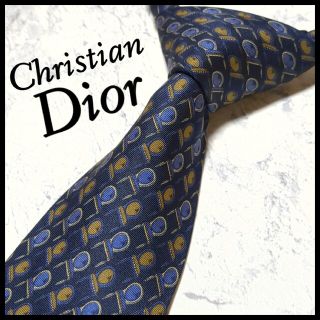 クリスチャンディオール(Christian Dior)の美品 ディオール ブランドネクタイ 紺 ロゴ 椅子総柄 シルク ビジネス(ネクタイ)