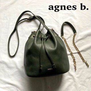 2way】美品 アニエスベー 巾着ショルダーバッグ グリーン レザー ロゴ付き-
