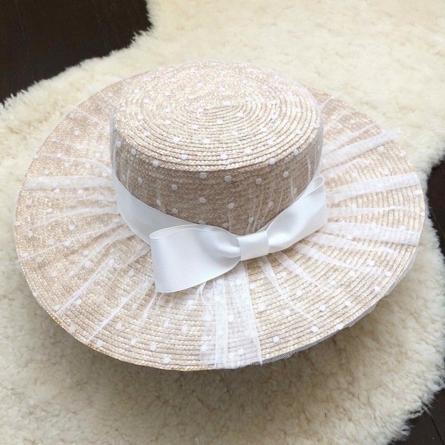 【新品】one spo ドットチュール 麦わら帽子 レディースの帽子(麦わら帽子/ストローハット)の商品写真