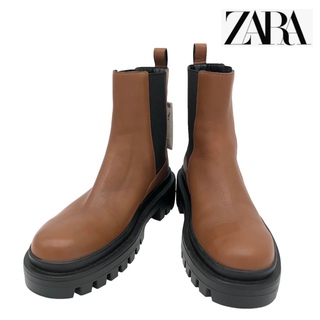 ザラ(ZARA)の【新品】ZARA ザラ レザー サイドゴア ショートブーツ ブラウン 24cm(ブーツ)