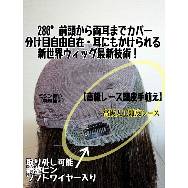 期間限定NW18全人毛40cm280°レース網で耳や後頭部まで人工頭皮部分手植え 6