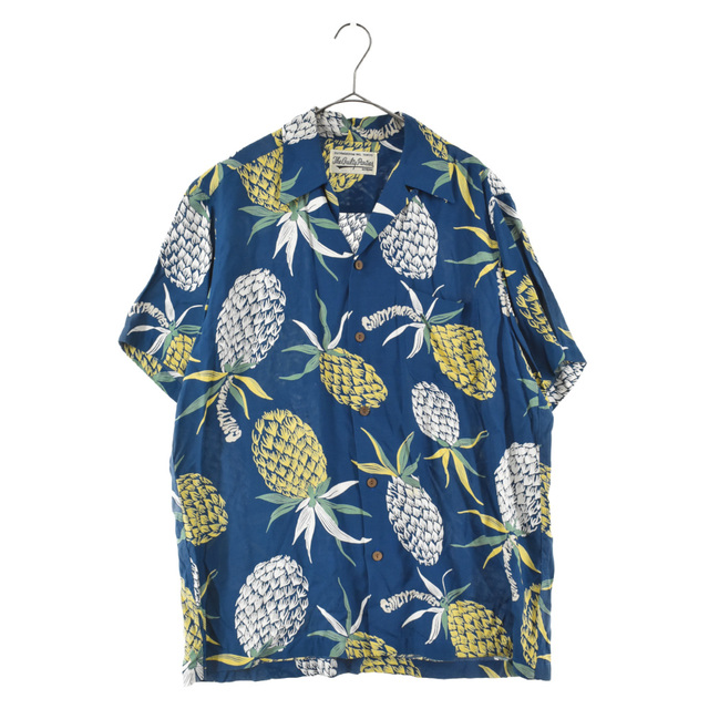 WACKO MARIA ワコマリア 18SS PINEAPPLE S/S HAWAIIAN SHIRT パイナップル総柄プリントデザイン ハワイアンシャツ 半袖開襟シャツ ブルー450センチ袖丈