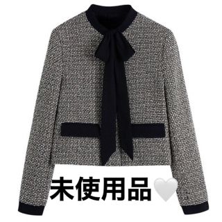 ザラ(ZARA)のリボンディテール テクスチャー ツイード ジャケットM(ノーカラージャケット)