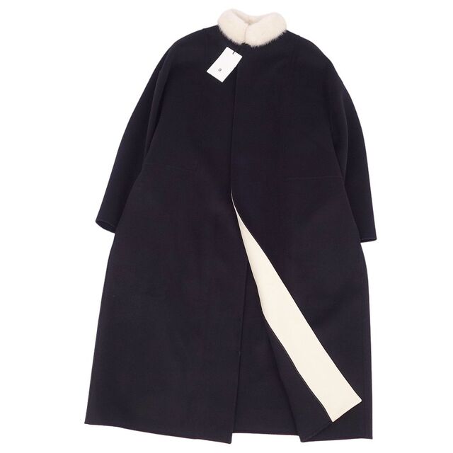 極美品 ブラミンク BLAMINK コート 襟ミンクファー ウール カシミヤ ダブルフェイス アウター レディース 36(S相当) ブラック/ホワイト