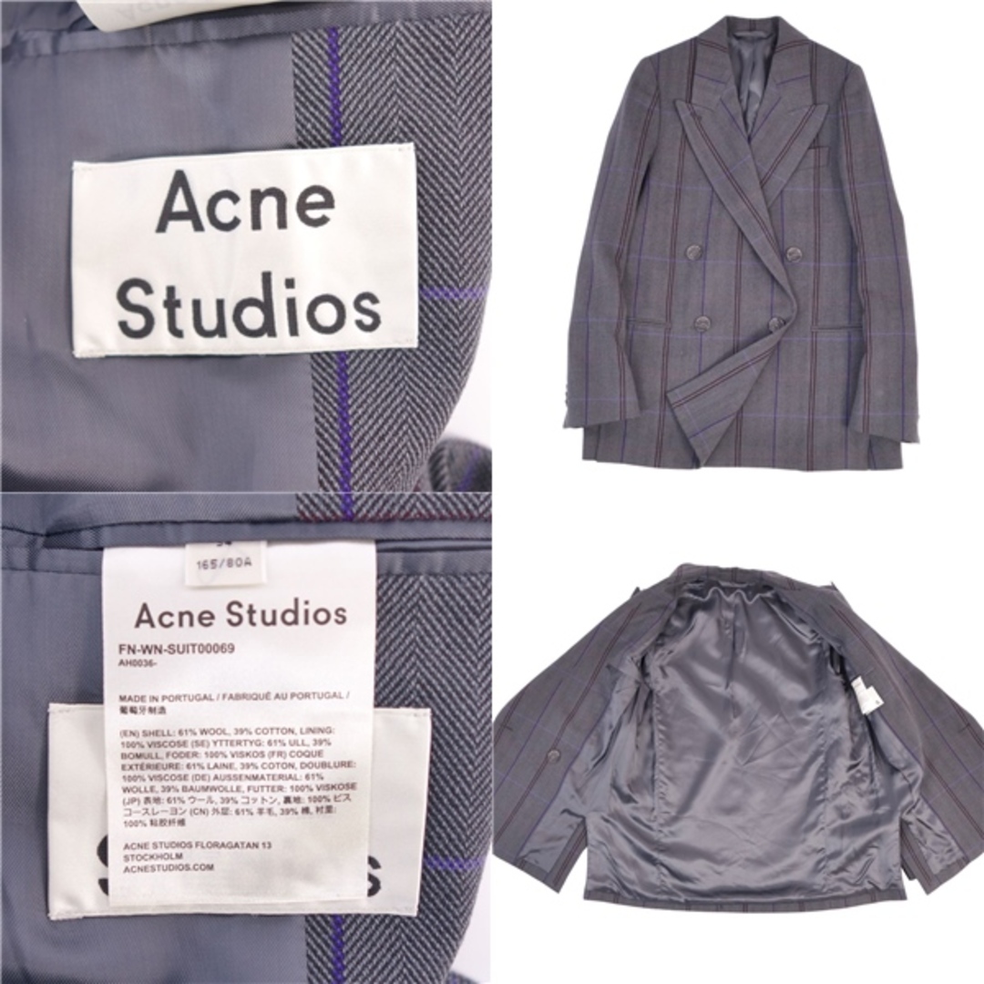 美品 アクネストゥディオズ Acne Studios ジャケット テーラードジャケット ダブルブレスト チェック柄 ウール アウター レディース  34(S相当) グレー