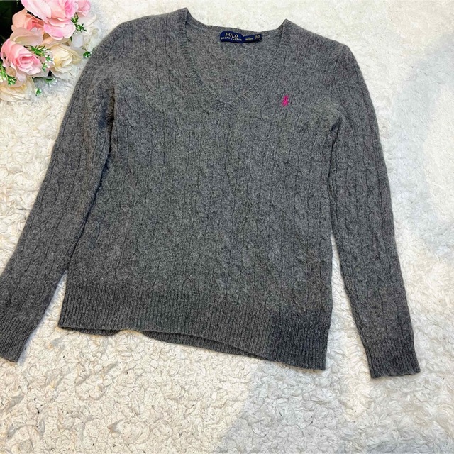 美品 ポロラルフローレン カシミヤ混 Vネック ケーブルニット ホースロゴ