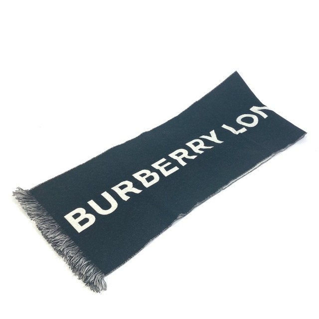 BURBERRY(バーバリー)のバーバリー BURBERRY ロゴ 80085081 バイカラー フリンジ マフラー ウール ブラック×ホワイト 美品 レディースのファッション小物(マフラー/ショール)の商品写真