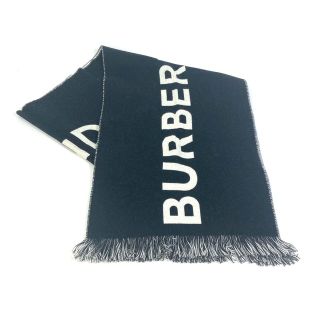 バーバリー(BURBERRY)のバーバリー BURBERRY ロゴ 80085081 バイカラー フリンジ マフラー ウール ブラック×ホワイト 美品(マフラー/ショール)