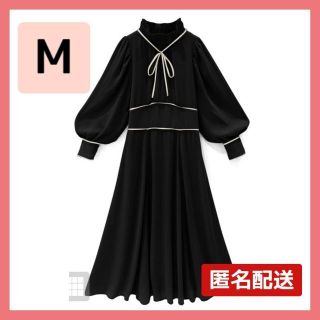 グレイル(GRL)の新品♥リボンタイ付き配色ロングフレアワンピース 春ドレス 長袖 黒M グレイル(ロングワンピース/マキシワンピース)