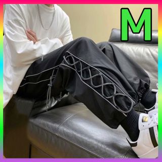 レディース ジャージ 韓国 メンズ 黒 M ユニセックス レースアップ パンツ(カジュアルパンツ)