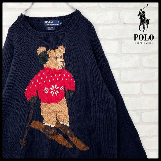 POLO RALPH LAUREN(ポロラルフローレン)の【超希少】ポロラルフローレン 90s ポロベア ハンドニット ネイビー 大きめ メンズのトップス(ニット/セーター)の商品写真