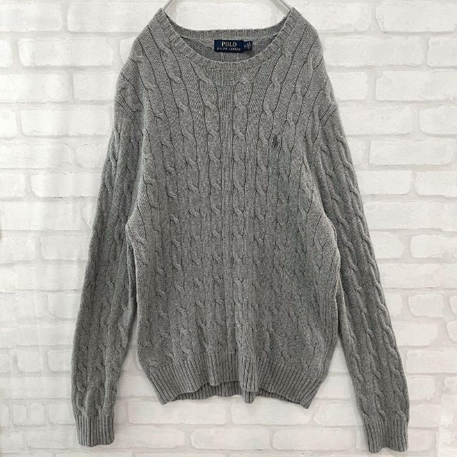 【大人気】ポロラルフローレン ポニー刺繍 ケーブルニットセーター グレー M