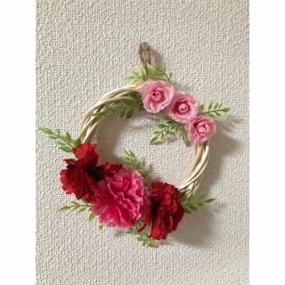 フラワーリース レッド ピンク 造花 ハンドメイド(リース)