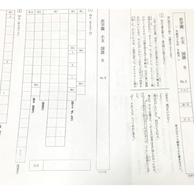 浜学園　小5  Sクラス　3科目 復習テスト　国語、算数、理科 実力〜No.22