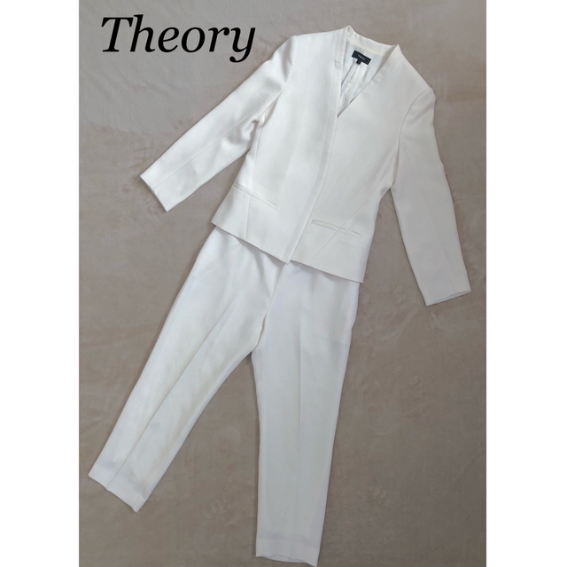 Theory セットアップ パンツスーツ ノーカラー ボタン無し ホワイト