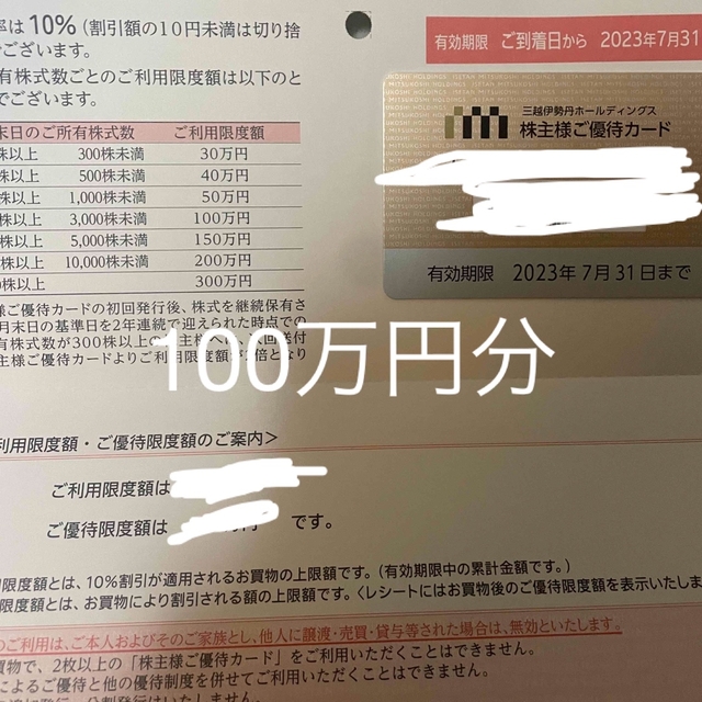 三越伊勢丹　株主優待カード　限度額100万円分ショッピング