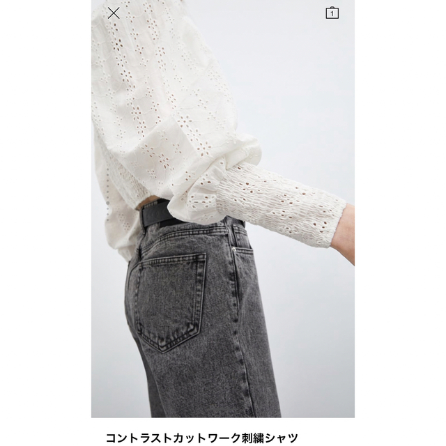 ZARA(ザラ)のザラ ZARA コントラスト カットワーク 刺繍 シャツ【L】クロップド レディースのトップス(シャツ/ブラウス(長袖/七分))の商品写真