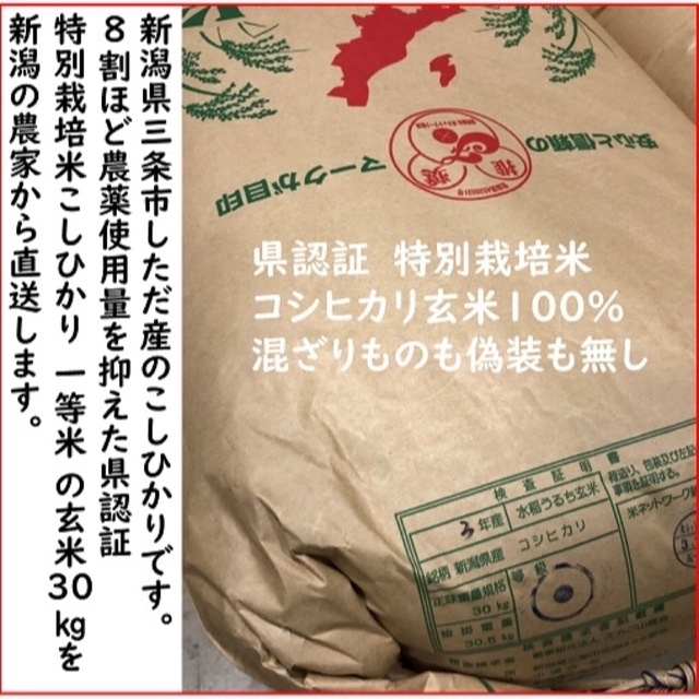 残り37袋 減農薬 新潟こしひかり玄米30kg 新潟県三条市旧しただ村産 特